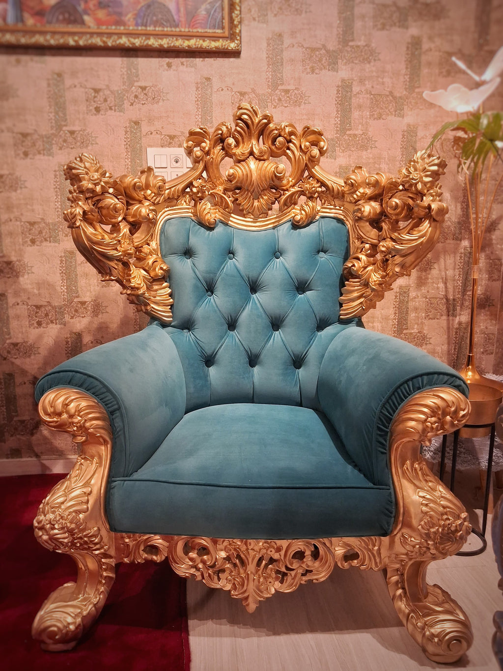 Hand-Carved Gold & Velvet Throne Chair
