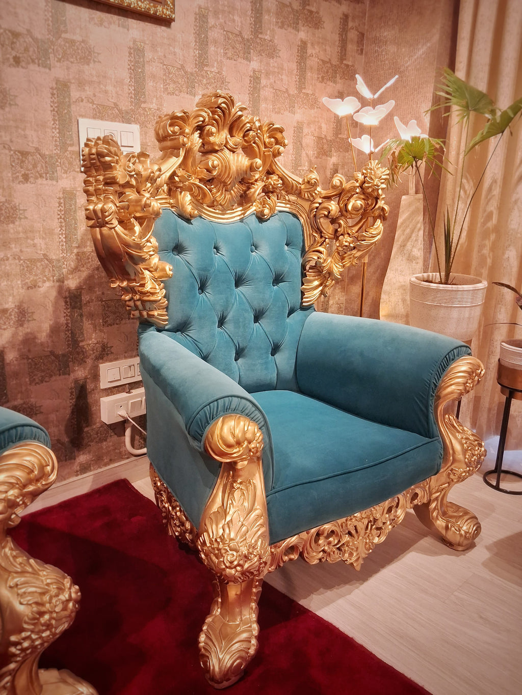 Hand-Carved Gold & Velvet Throne Chair